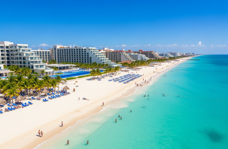 A vibrant daytime view of Cancun’s Hotel Zone with white sand beaches, turquoise water, modern resorts, and a welcoming atmosphere.