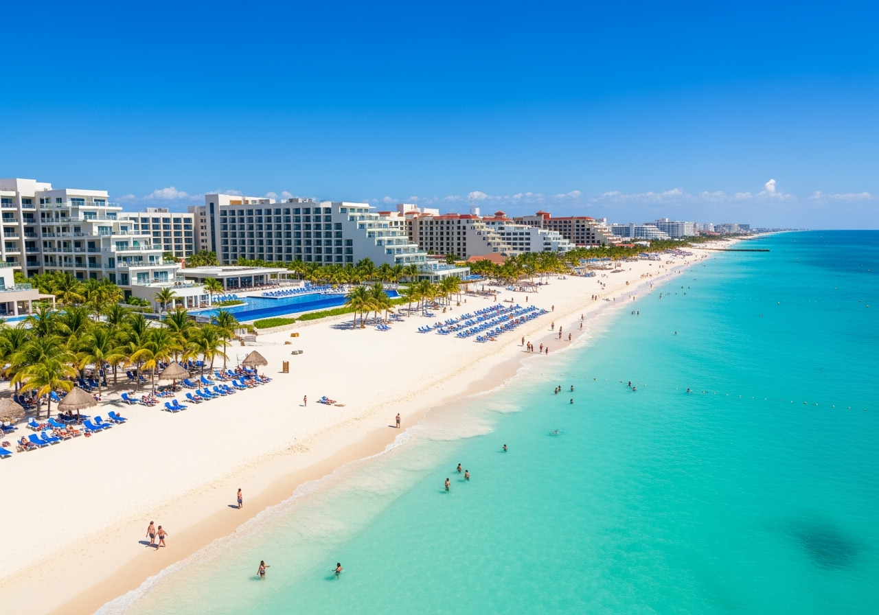 A vibrant daytime view of Cancun’s Hotel Zone with white sand beaches, turquoise water, modern resorts, and a welcoming atmosphere.