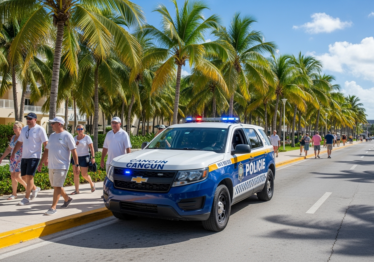 A Cancun police patrol vehicle in the Hotel Zone, with tourists and a visible sense of security.
