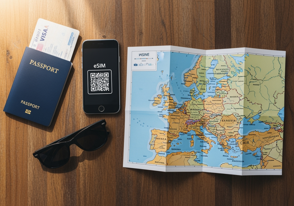 A flat-lay photo of a passport, smartphone showing an eSIM QR code, sunglasses, and a map of Europe on a wooden table. This is ideal for breaking up the text or as a blog header.