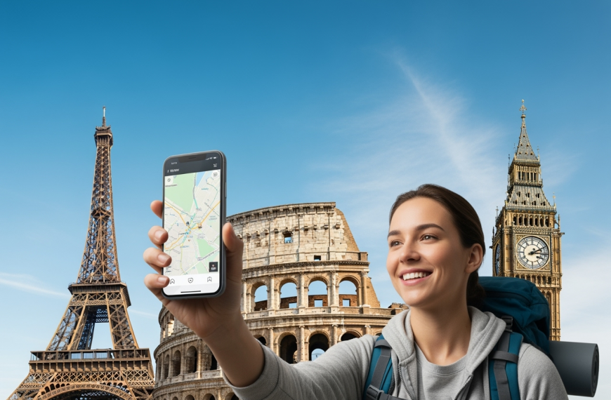 A cheerful solo traveler with a backpack using a smartphone in front of iconic European landmarks (Eiffel Tower, Colosseum, Big Ben). This image is perfect for your blog’s featured or introductory section.