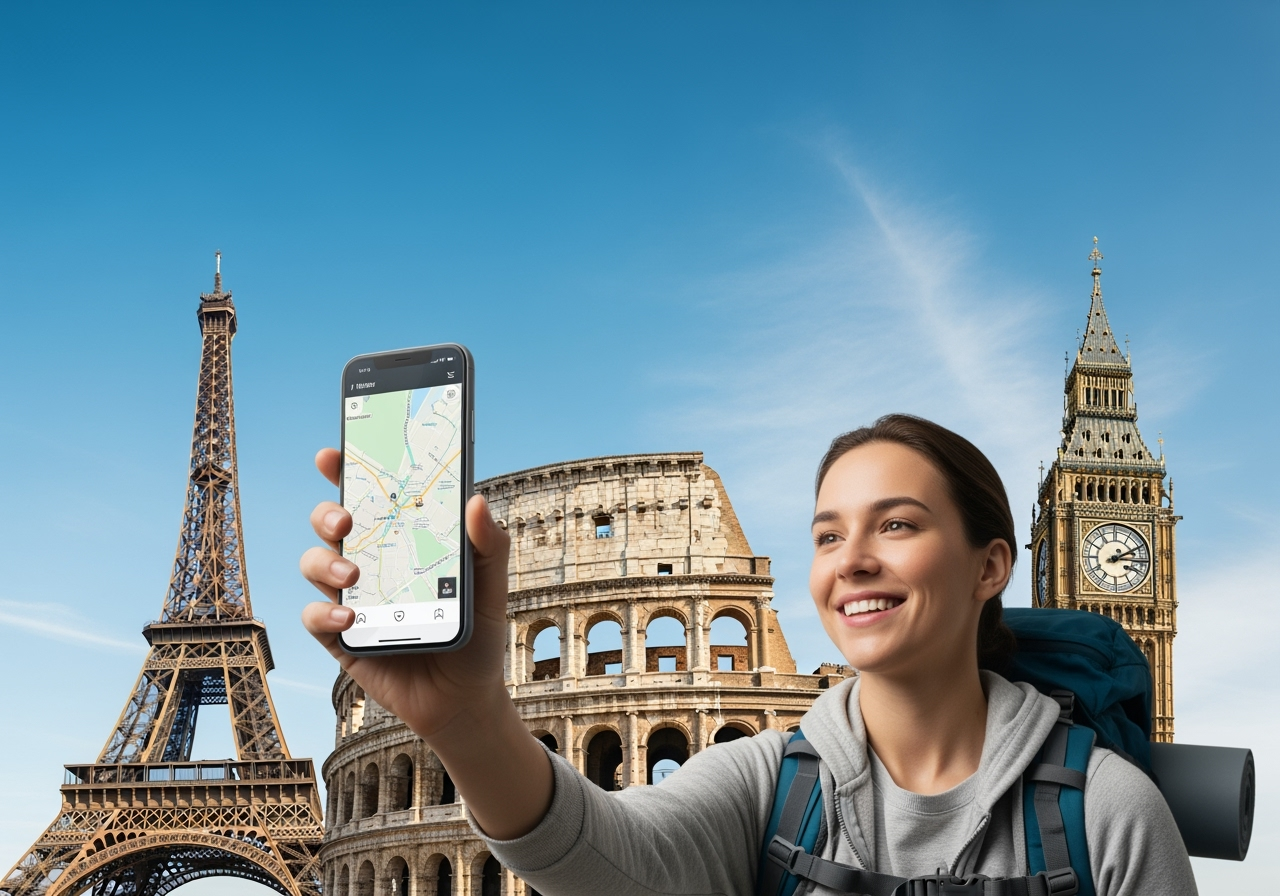 A cheerful solo traveler with a backpack using a smartphone in front of iconic European landmarks (Eiffel Tower, Colosseum, Big Ben). This image is perfect for your blog’s featured or introductory section.